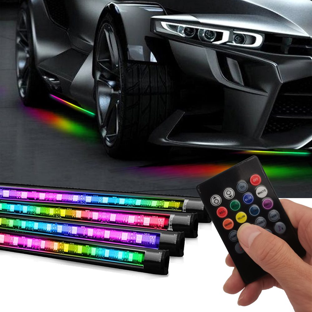 LEDKITO Car Underglow Lights 4PCS Wireless Remote Control Exterior Kit LED Strip Lights for Cars Underbody with 12V RGB Atmosphere Neon Accent Lights Multicolor Lighting Kit Sound Active 