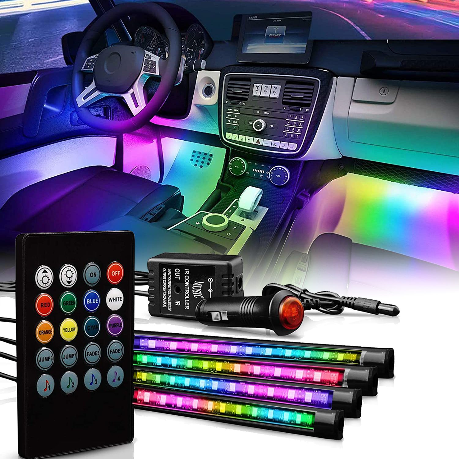 Wireless Remote Control,Car Mood Lights for Car TV Home Decorate Car LED Strip Light 4pcs 48 LED DC 12V Multicolor Music Car Interior Light with Sound Active Function USB Charge 