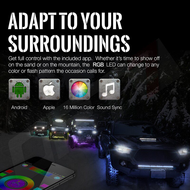 4 Pot Car Waterproof Underbody RGB Decorative Led Rock Light by Phone Bluetooth Control for Offroad Wrangler