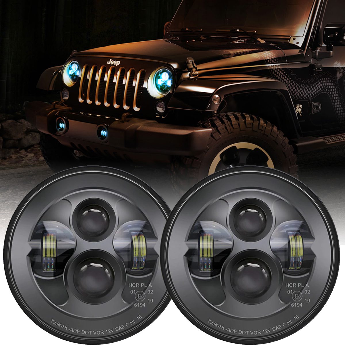 2pcs 7 Inch Pair Round LED Headlight for Jeep Wrangler JK TJ LJ CJ Hummber H1 H2 with High Low Beam Black