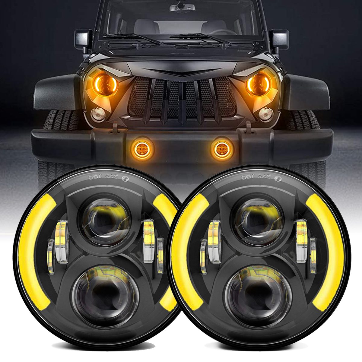 Partsam 7 H6024 High Low Beam White Halo Ring Angel Eyes DRL Pair DOT Approved 7 Inch Round LED Headlights Amber Turning Signal Lights Compatible with Jeep Wrangler JK TJ CJ/Hummer H2 H1 