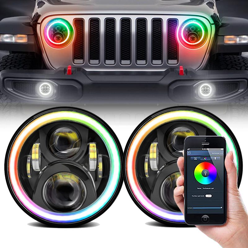 For Jeep Wrangler JK 2007-2017 Pair 7inch RGB Hi/Lo LED Headlight COLOR CHANGING