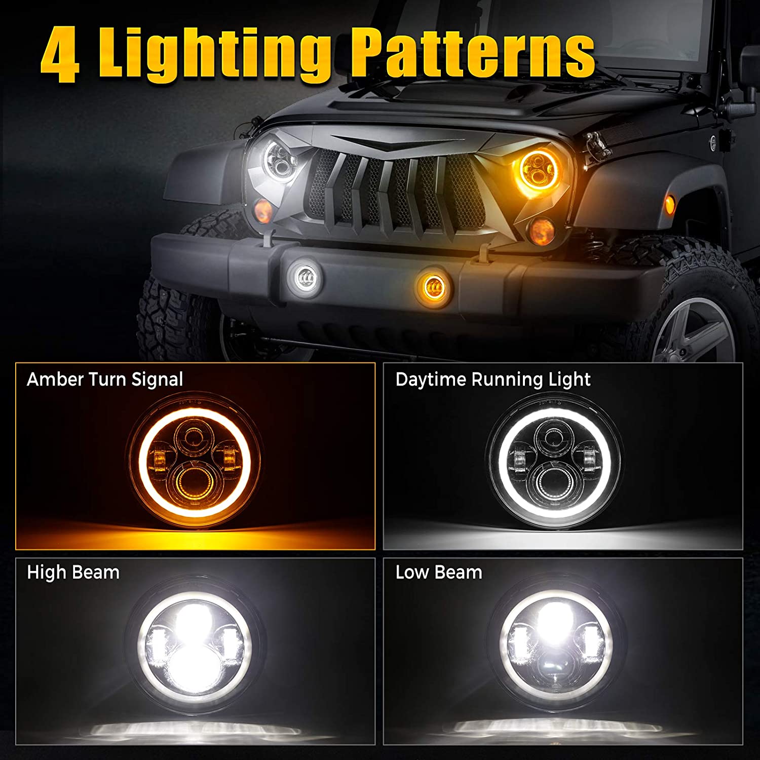 AUTOSAVER88 7 Round LED Headlights for Jeep Wrangler JK TJ LJ 1997-2018 with Hi/Lo Beam Halo Ring Angle Eyes Dual White DRL & Amber Turn Signal DOT Approved Driving Light Pack of 2