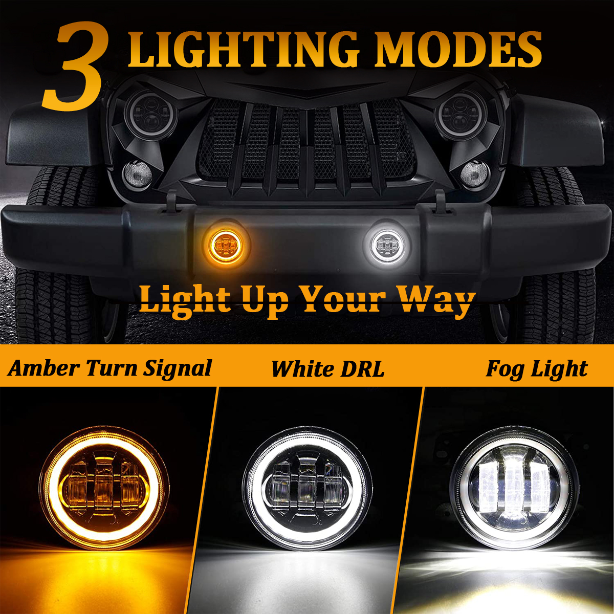 4 inch LED Fog Lights with White DRL Halo Ring Fit for 2007-2018 Wrangler JK SEALIGHT 7 inch Round Led Headlight with White DRL/Amber Turn Signal H4-H13 Adapter 