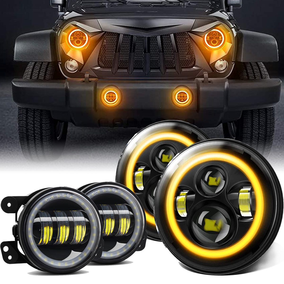 7 Inch LED Headlights Halo Angle Eyes w/ Fog Lights For Jeep Wrangler JK 07-18 