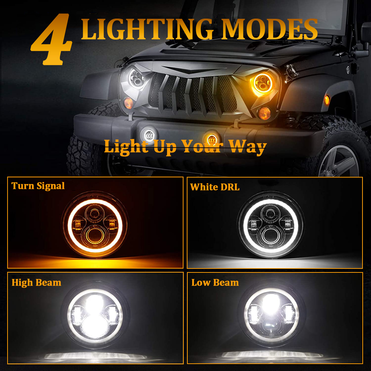 Doxmall Dot Approved 7inch Jeep LED Headlights with White DRL/Amber Turn Signal + 4 inch LED Fog Lights with White DRL Halo Ring for Jeep Wrangler 97-2017 JK LJ - Image 3