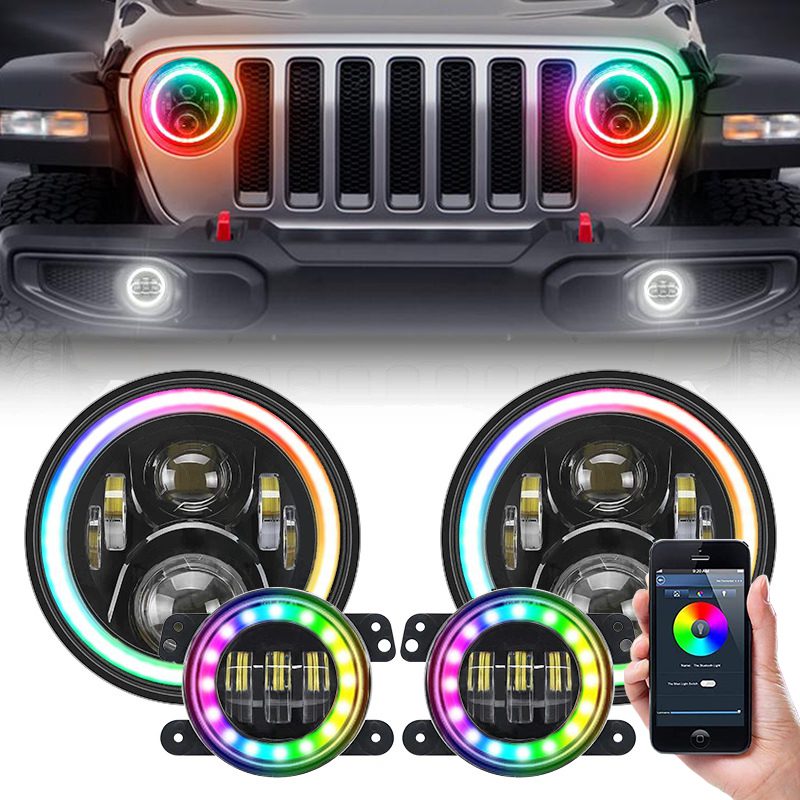 7" Halo LED Headlight 4" Halo LED Fog Light Combo Kit For Jeep Wrangler JK JKU 
