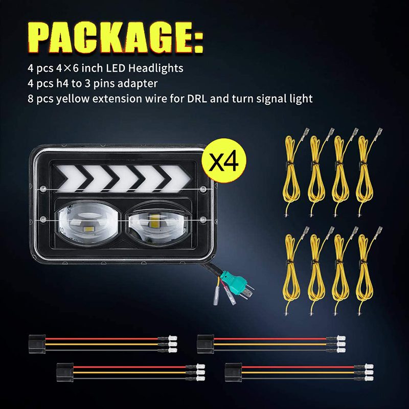 2 Pairs 4x6 inch Replacement Rectangular H4651 H4652 H4656 H4666 H6545 LED Headlights for Feightliner Peterbil Kenworth Ford Probe Chevy Oldsmobile Cutlass with Hi/Lo Beam Sequential Turn Singal DRL - Image 6