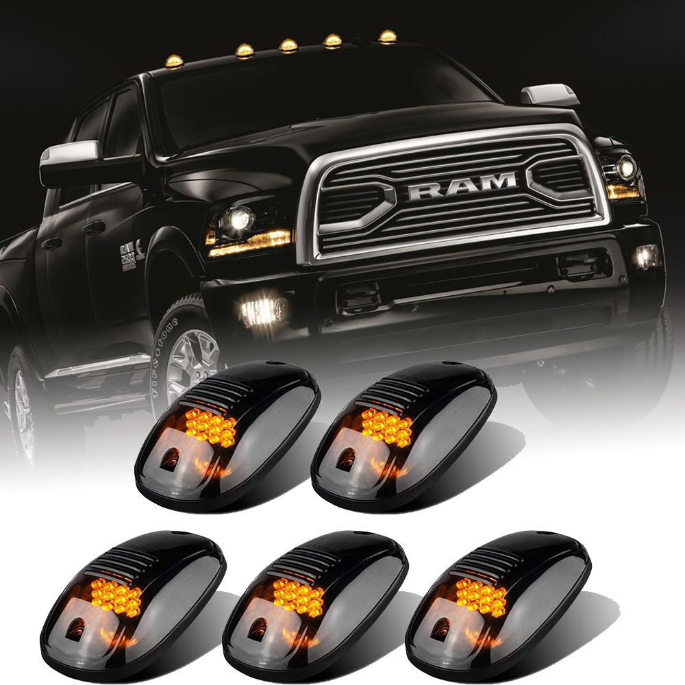 Smoke Lens Amber 12 LED Housing Cab Roof Running Lights Accessories Light Sets w/Wiring Pack for 2003-2018 Dodge Ram 1500 2500 3500 4500 5500 Pickup Trucks 5 X Cab Marker Light 