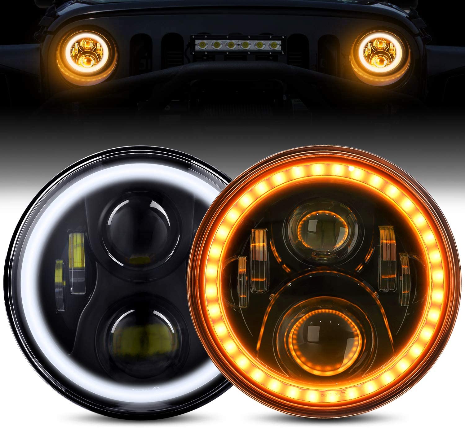 Doxmall H6024 7 inch Wrangler JK LJ TJ CJ Headlight 120W with White Halo and Amber Turn Signal fit for 03-09 Hummber H1 H2 Pack of 2