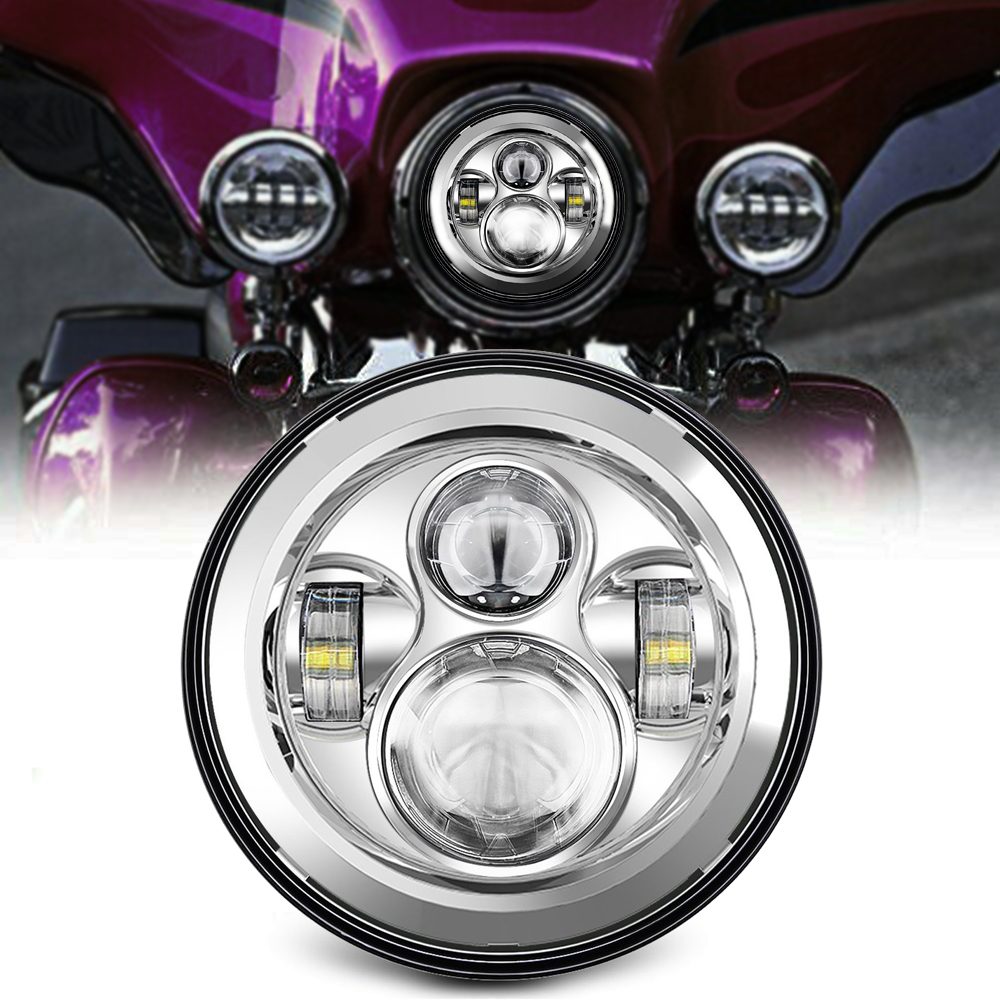 Sliver 7 Inch Round LED Motorcycle Headlight with 4.5 Inch Passing Lamps Fog Lights Mounting Ring for Harley Davidson Touring Road King Ultra Classic Electra Street Glide Tri Cvo Heritage