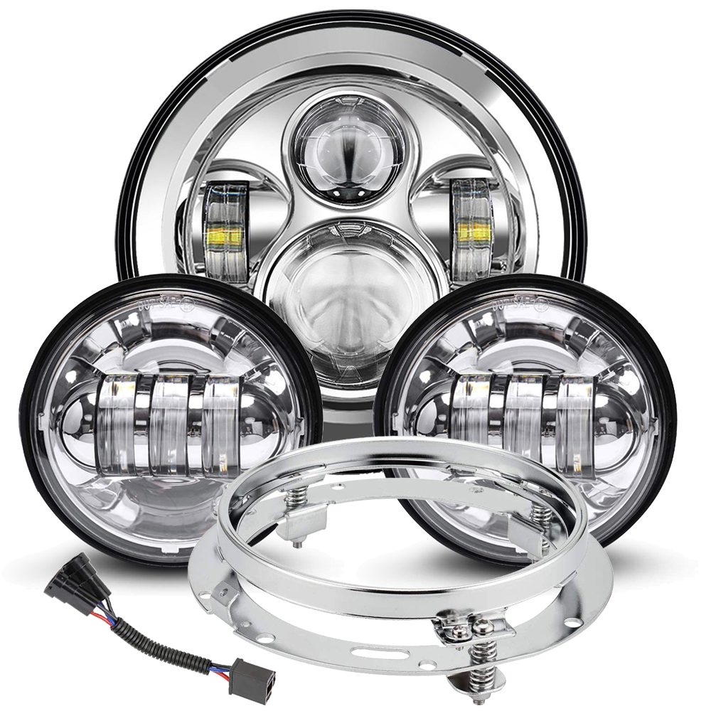 Sliver 7 Inch Round LED Motorcycle Headlight with 4.5 Inch Fog Passing Lights Mounting Ring for Harley Davidson Touring Road King Ultra Classic Electra Street Glide Tri Cvo Heritage 