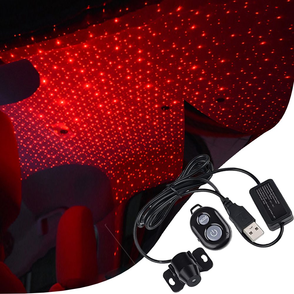 Red USB Car Armrest Box Ceiling Star LED Night Light Atmosphere Projector Decor 