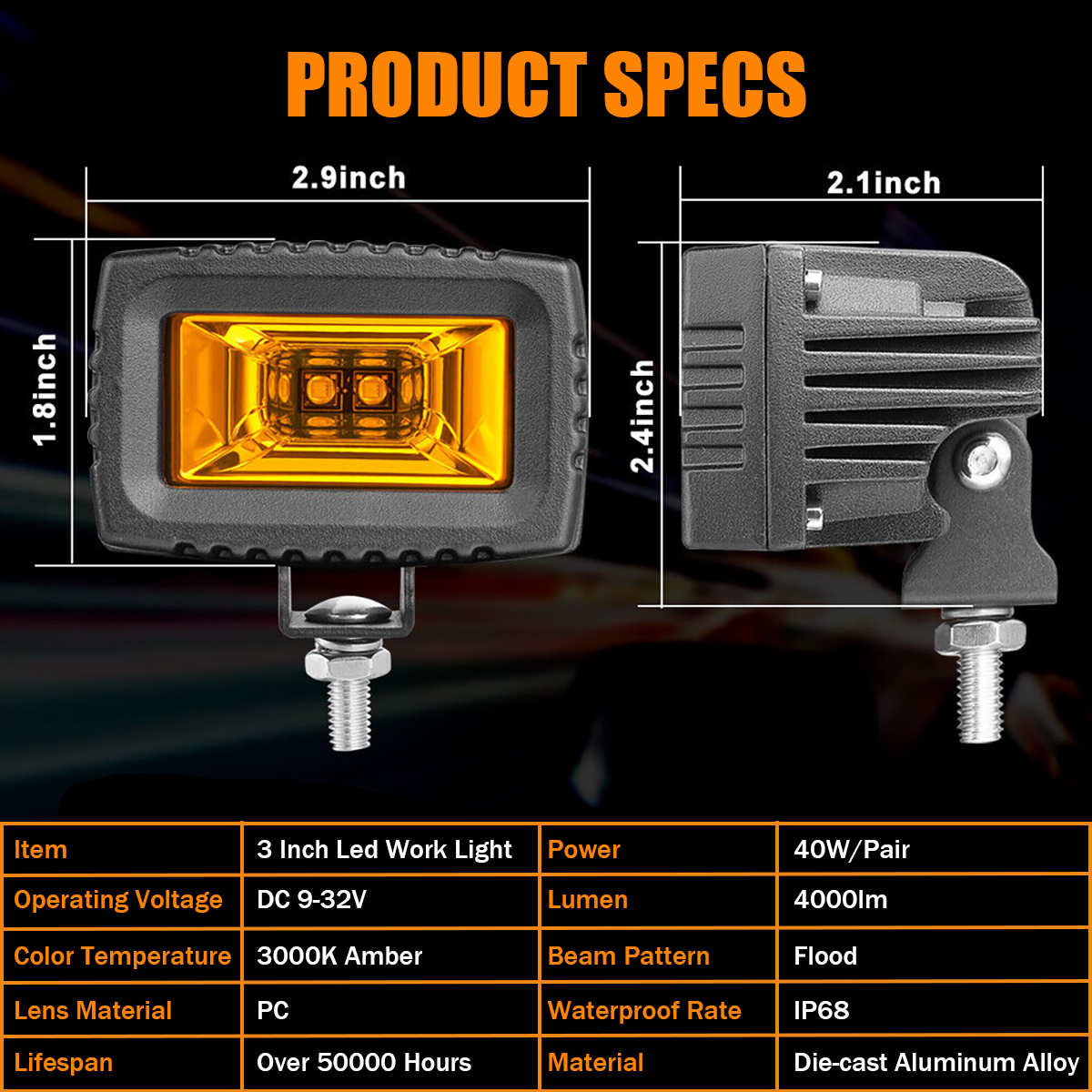 DOXMALL 40W 3 Inch Amber Led Pod Lights With 125° Flood Beam 4000LM Led ...