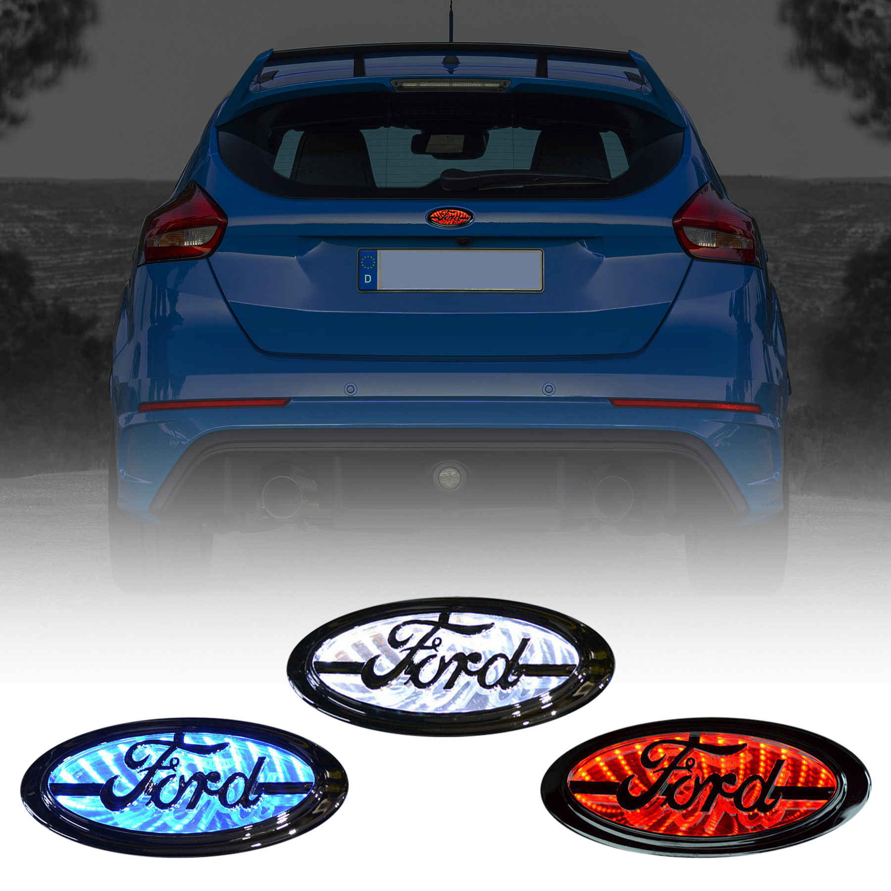 3D LED Ford Emblem Illuminated Light with White Blue Red Colors Tailgate Emblem Fit for Focus Mondeo Kuga