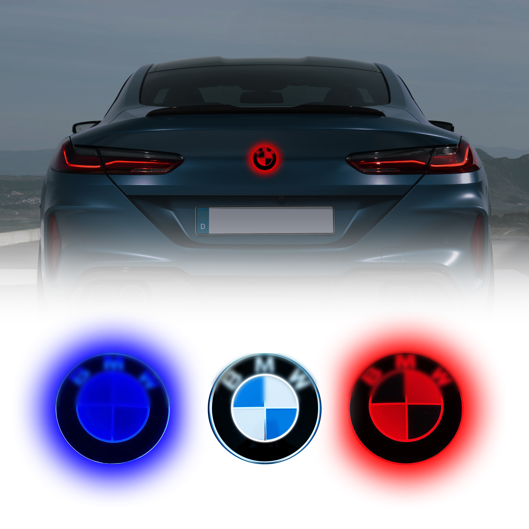 4D BMW Logo Rear Emblem Light BMW Illuminated Badge with White Blue Red Colors Available