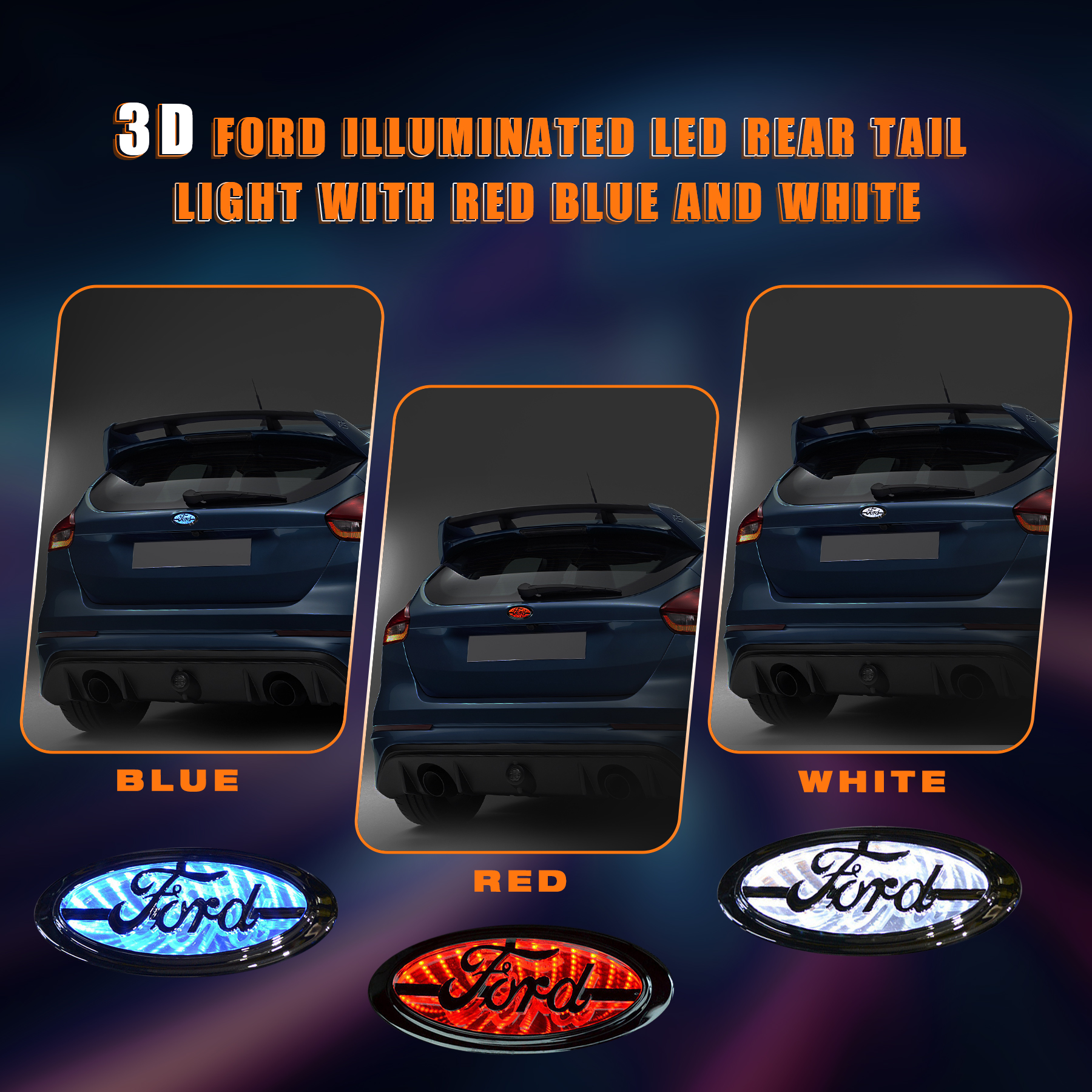 3D LED Ford Emblem Illuminated Light with White Blue Red Colors Tailgate Emblem Fit for Focus Mondeo Kuga - Image 2