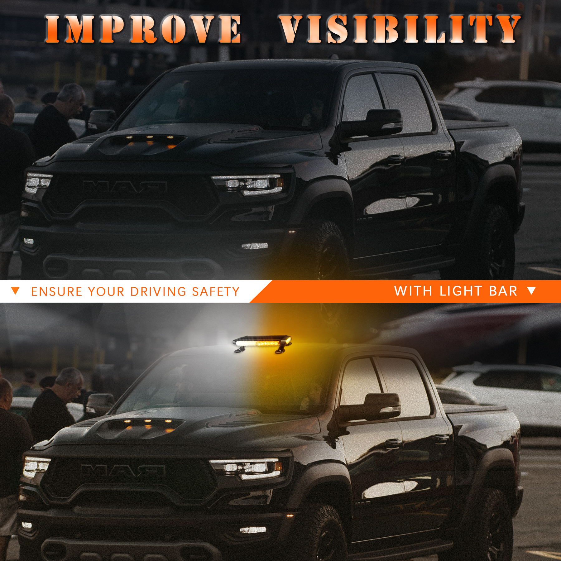 30 LED Roof Top Safety Strobe Light Bars, Double Sides of Aluminum Emergency Warning Strobe Light with Magnetic Base for Construction Vehicles Trucks Pickup (Amber+white) - Image 2