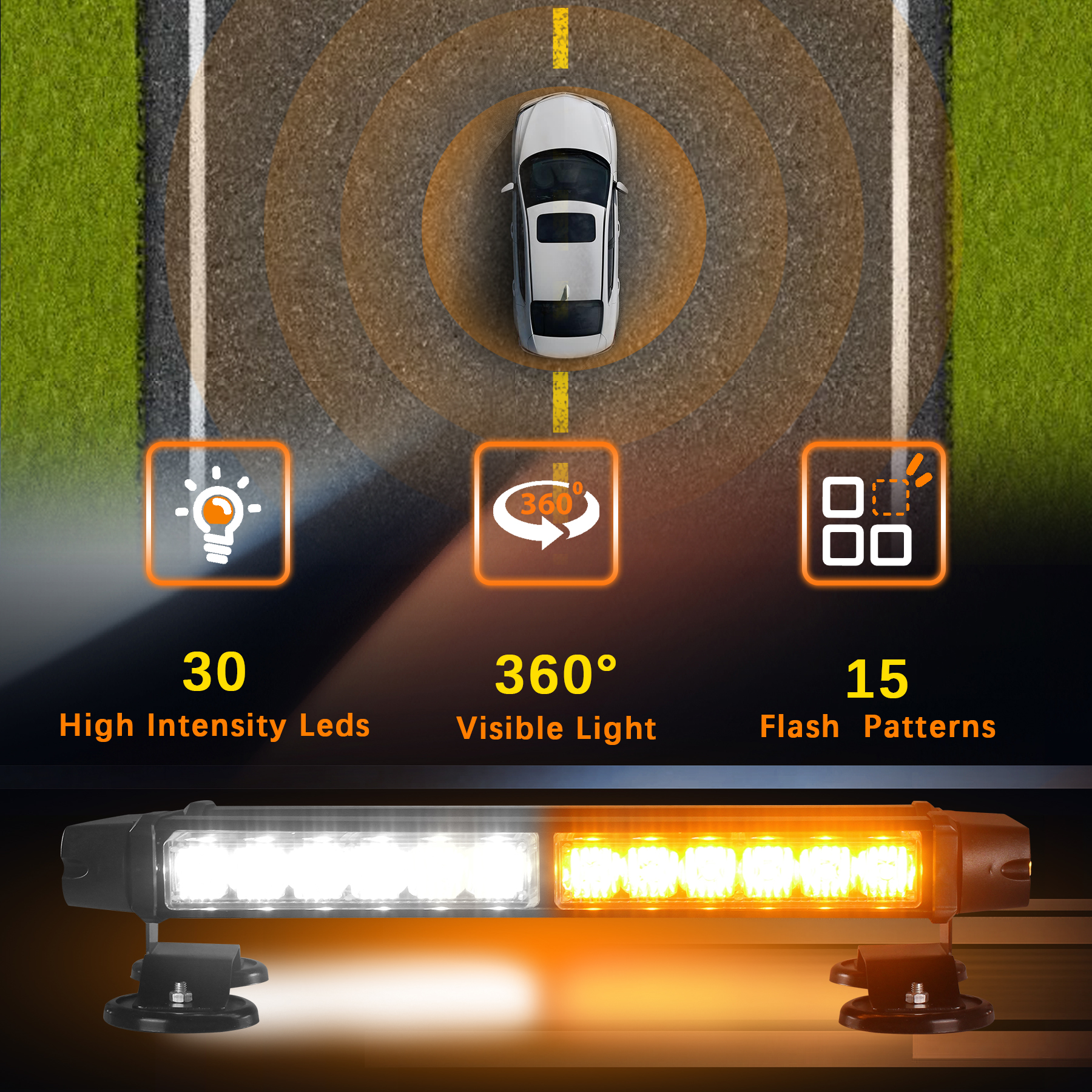 30 LED Roof Top Safety Strobe Light Bars, Double Sides of Aluminum Emergency Warning Strobe Light with Magnetic Base for Construction Vehicles Trucks Pickup (Amber+white) - Image 8