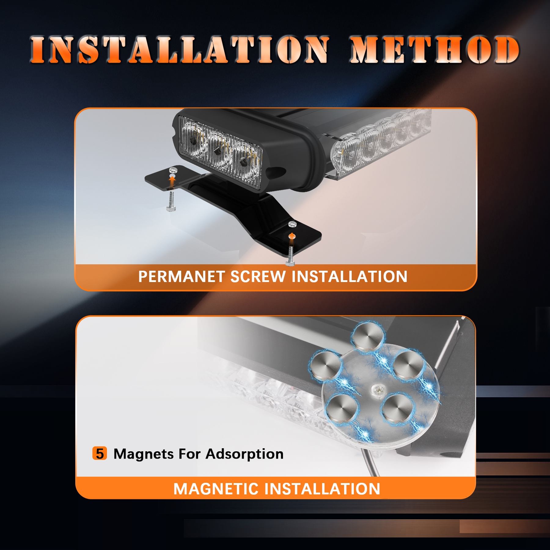 30 LED Roof Top Safety Strobe Light Bars, Double Sides of Aluminum Emergency Warning Strobe Light with Magnetic Base for Construction Vehicles Trucks Pickup (Amber+white) - Image 6