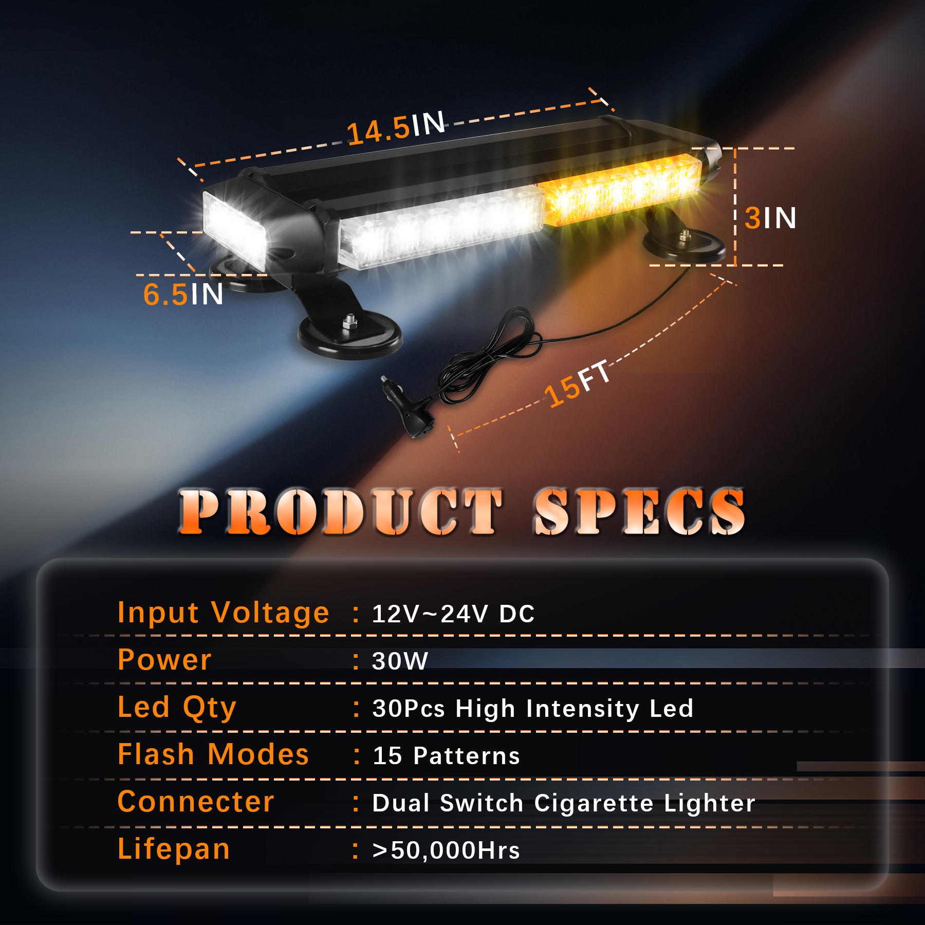 30 LED Roof Top Safety Strobe Light Bars, Double Sides of Aluminum Emergency Warning Strobe Light with Magnetic Base for Construction Vehicles Trucks Pickup (Amber+white) - Image 3