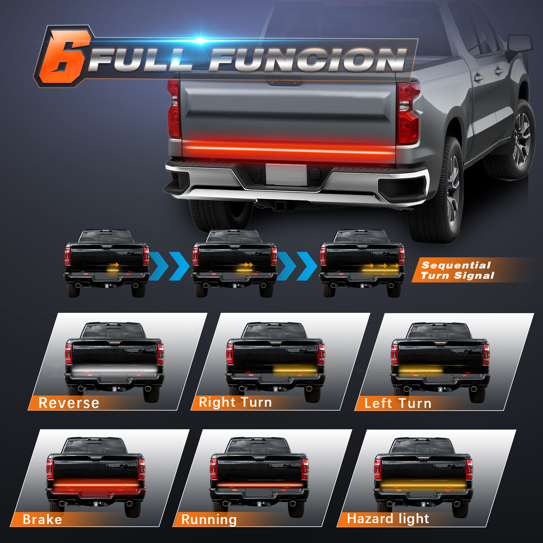 Aluminum Frame Tailgate Light Bars, Triple Row LED Strip with Red Running Brake Lights White Reverse Sequential Amber Turn Signals for Truck (48" Triple Row) - Image 2