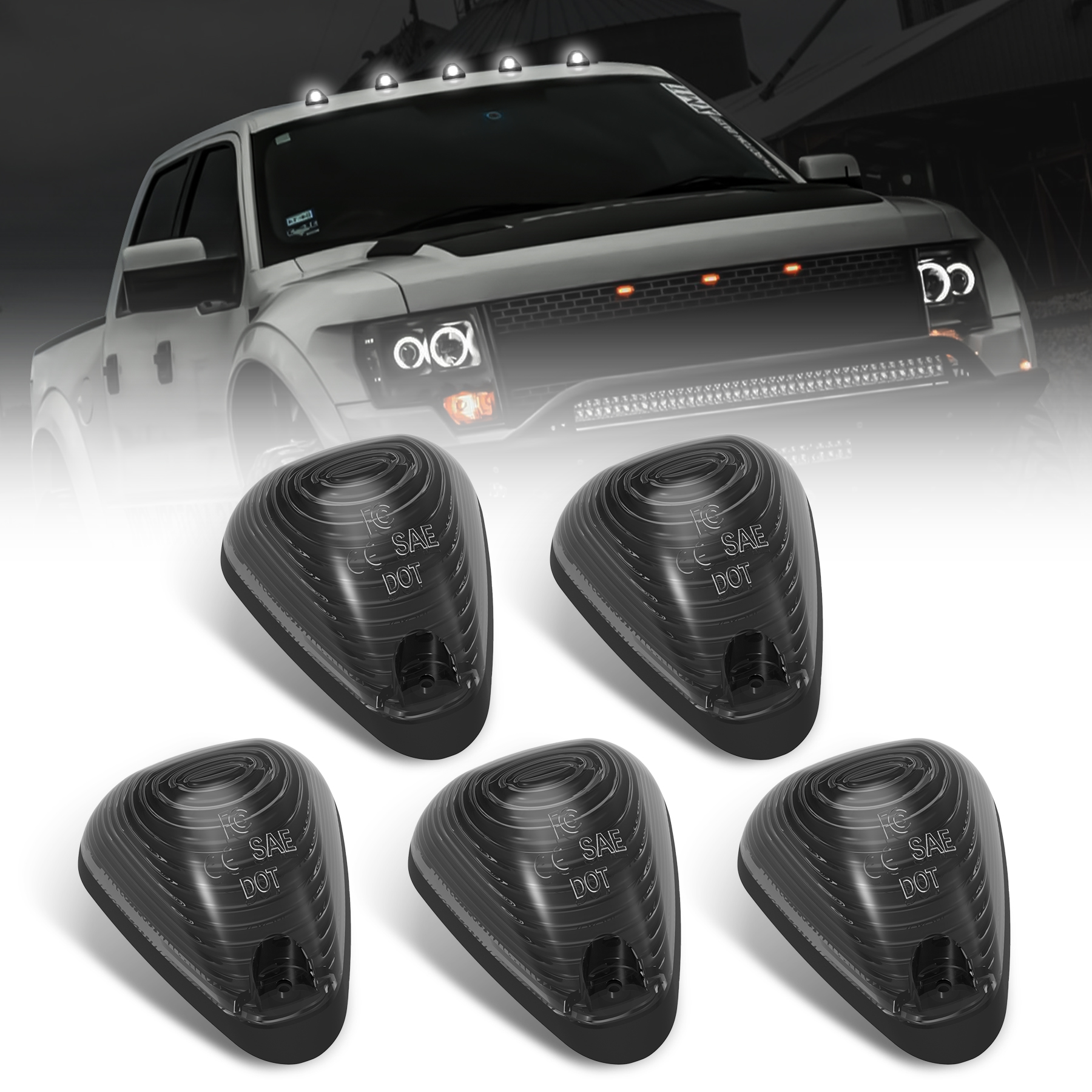 5Pcs Cab Lights Smoked Lens White Light, LED Cab Roof Top Clearance Marker Lights Replacement Assemblies Compatible with Ford 1999-2016 F150 F250 F350 F450 F550 Super Duty Pickup Trucks SUV