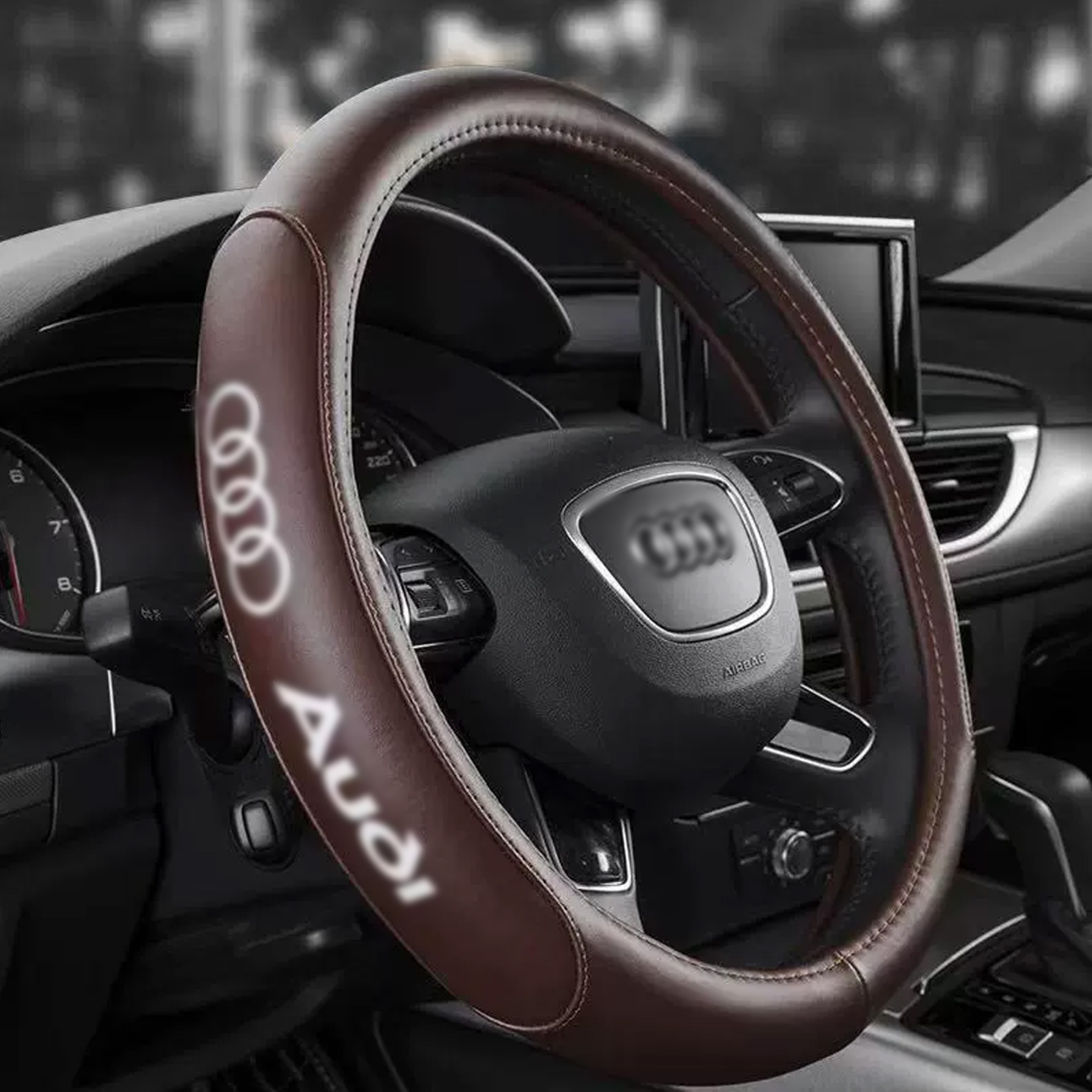 Audi Logo Car Leather Steering Wheel Cover Anti-slip Steering Wheel Protector Multiple Colors-38mm - Image 6