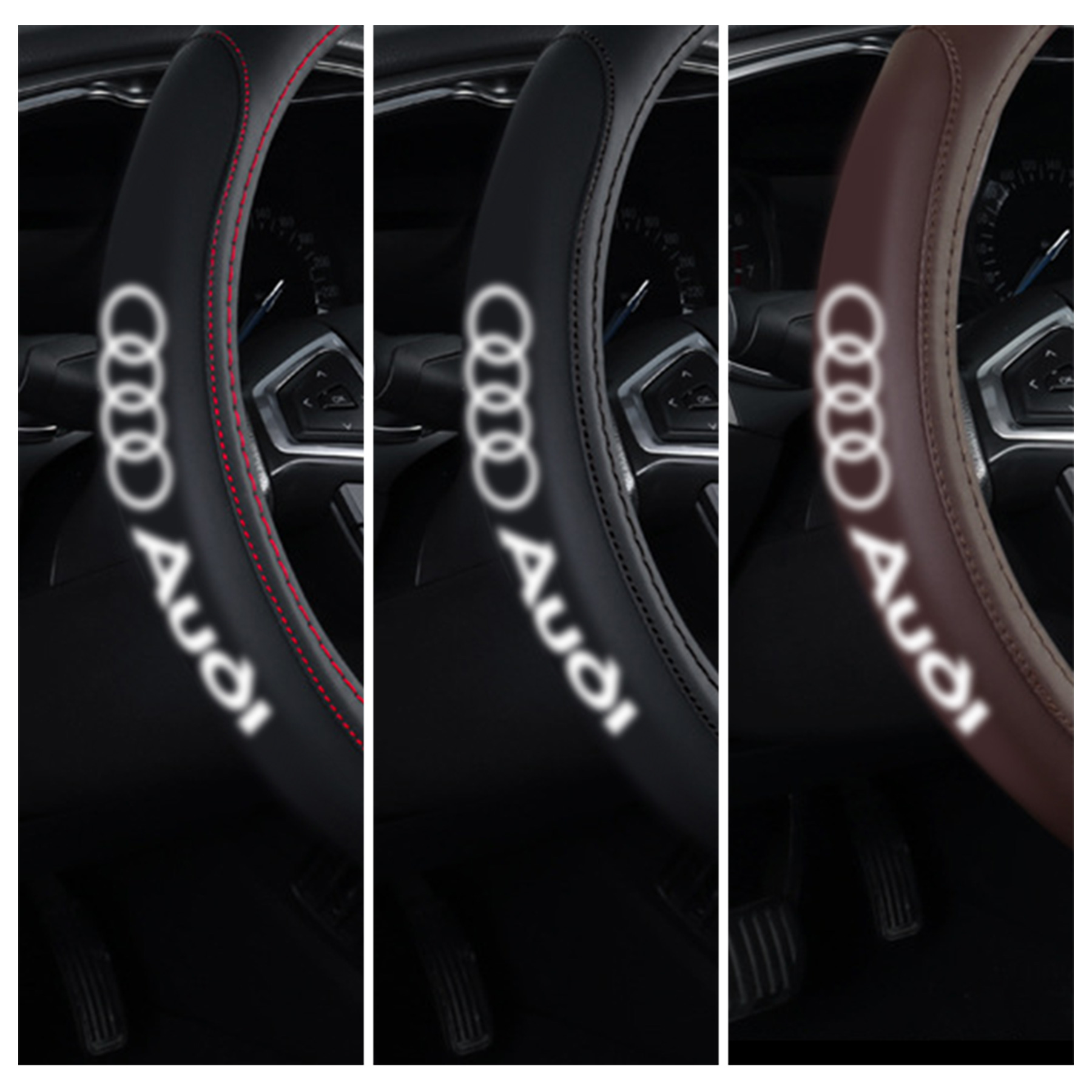 Audi Logo Car Leather Steering Wheel Cover Anti-slip Steering Wheel Protector Multiple Colors-38mm - Image 2