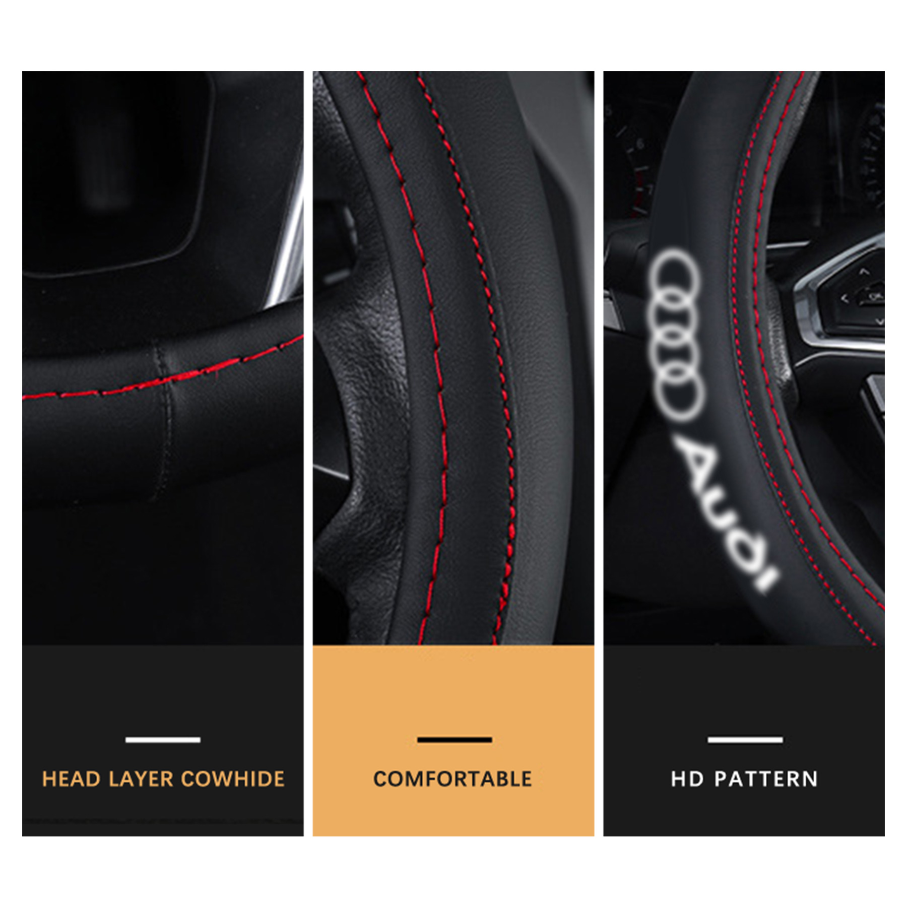 Audi Logo Car Leather Steering Wheel Cover Anti-slip Steering Wheel Protector Multiple Colors-38mm - Image 4